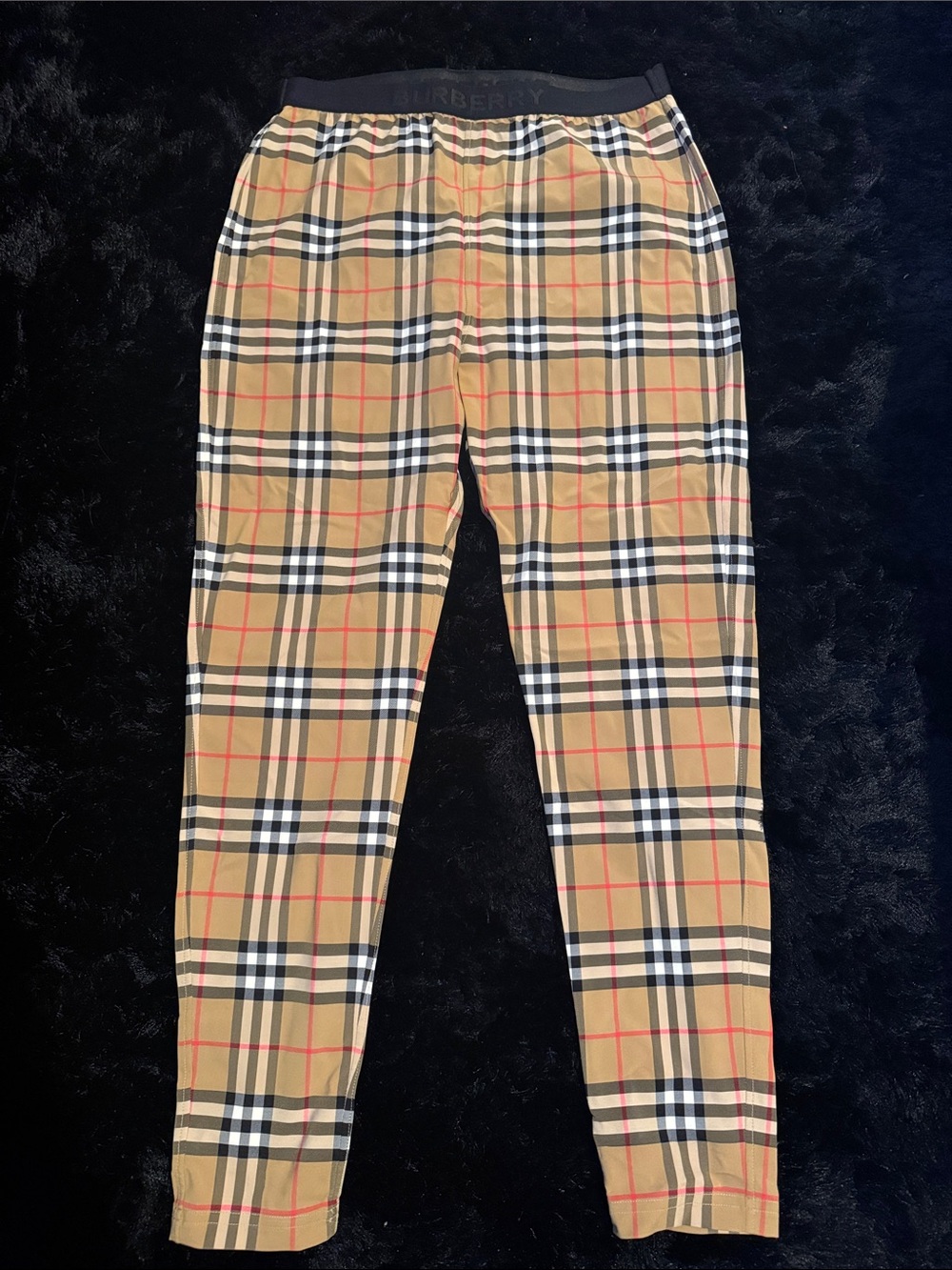 Burberry women Tan Plaid Leggings with Black & White Trim